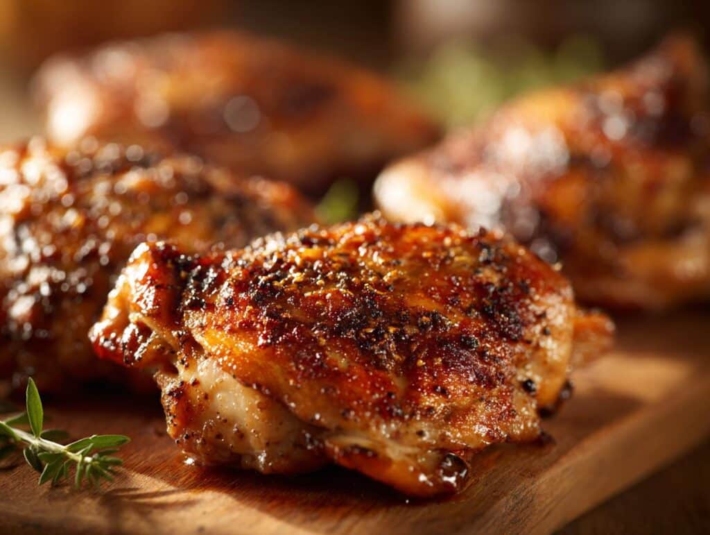 Close-up of seasoned and cooked skinless boneless chicken thighs on a wooden board.
