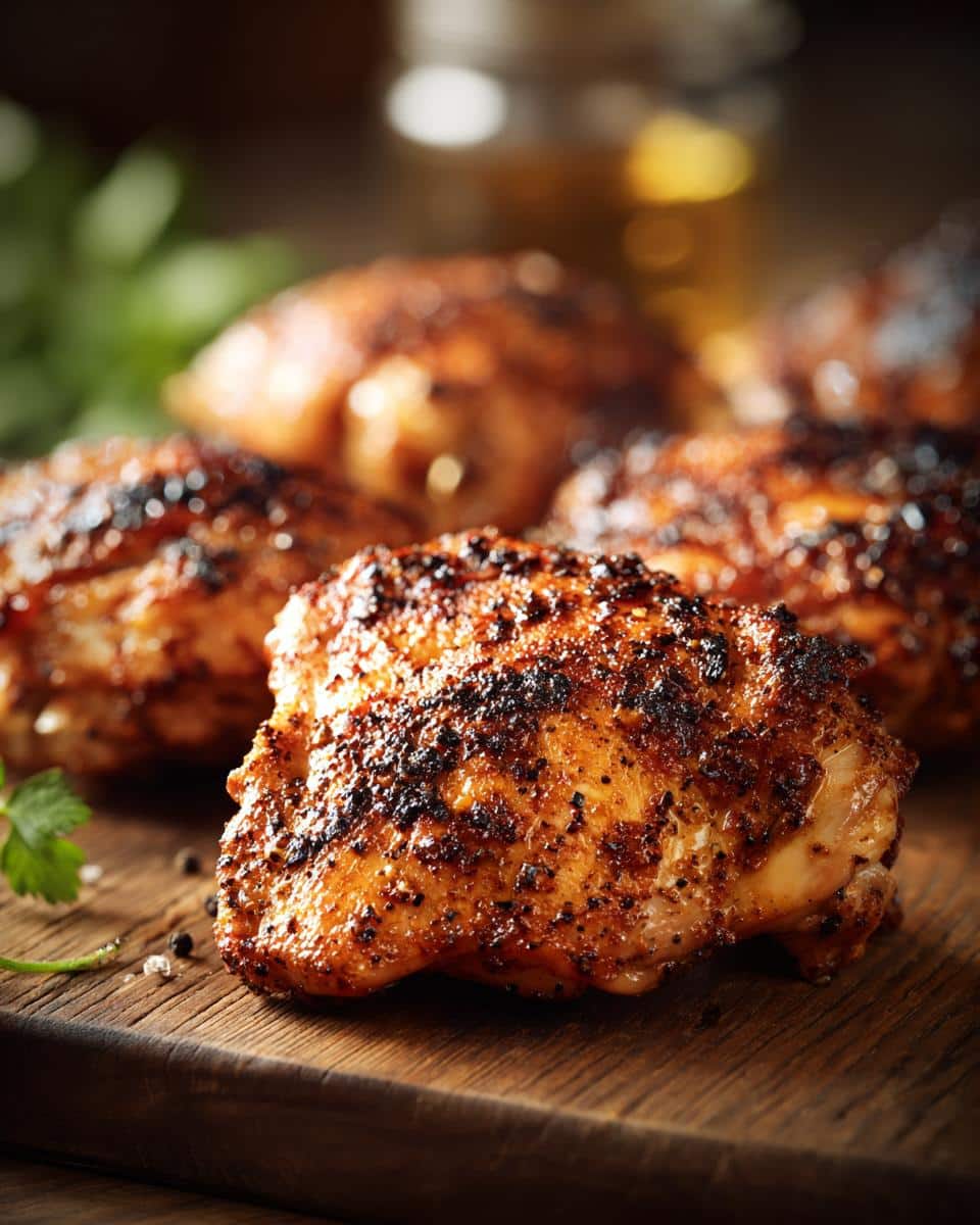 Close-up of cooked skinless boneless chicken thighs on a wooden board, seasoned with herbs and spices.