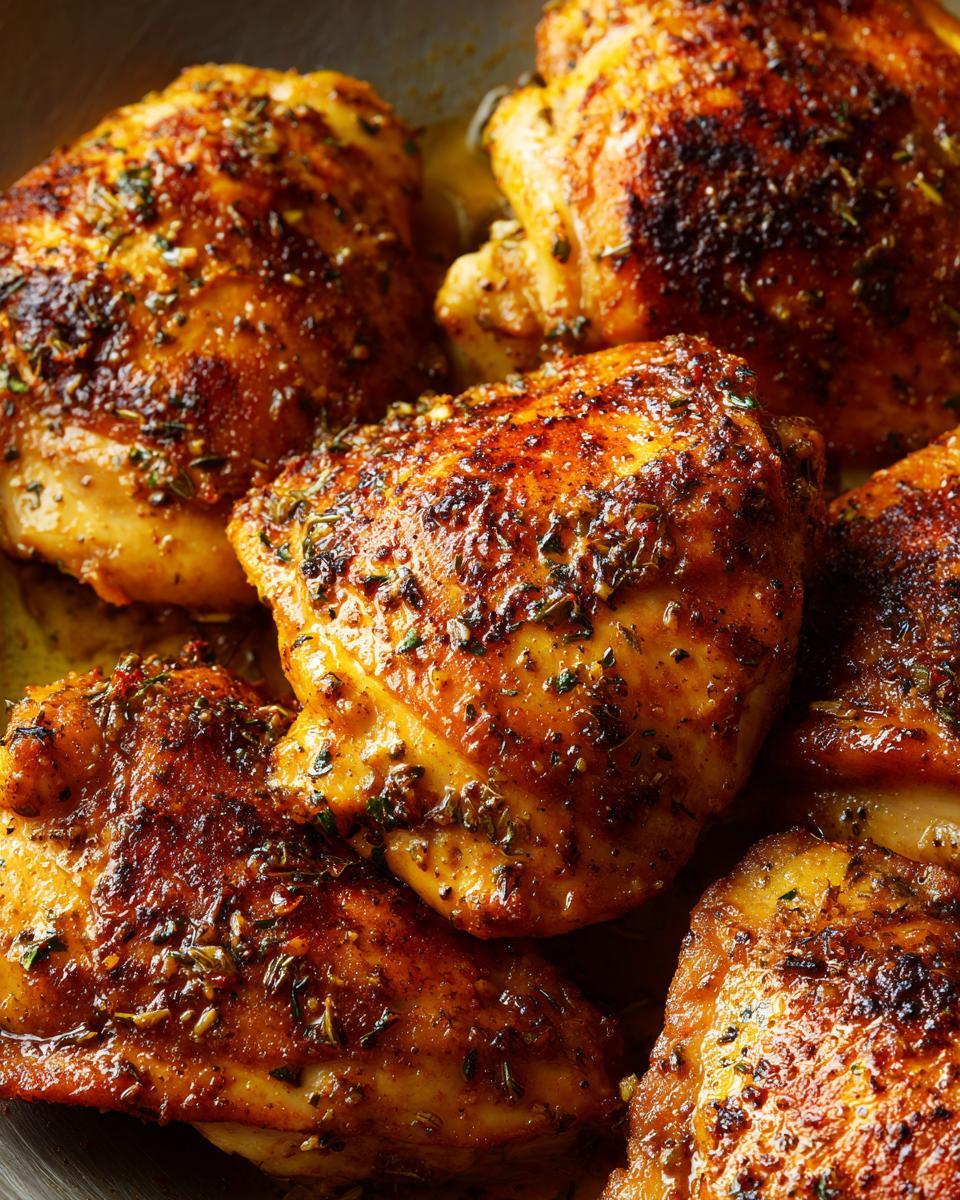 Close-up of seasoned and cooked skinless boneless chicken thighs, showing a golden-brown crust and herb garnish.