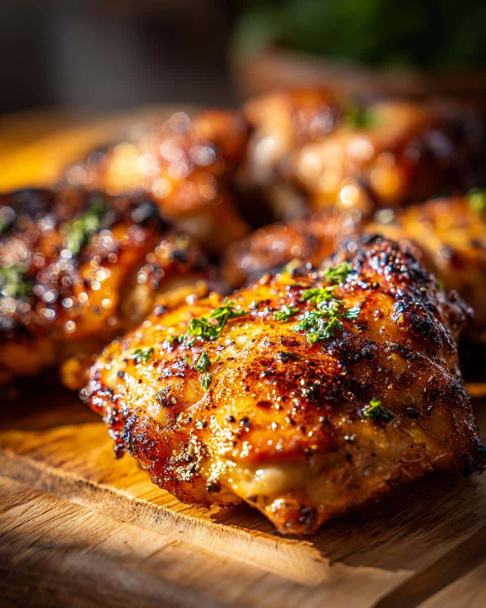 Close-up of perfectly cooked skinless boneless chicken thighs, garnished with herbs on a wooden board.