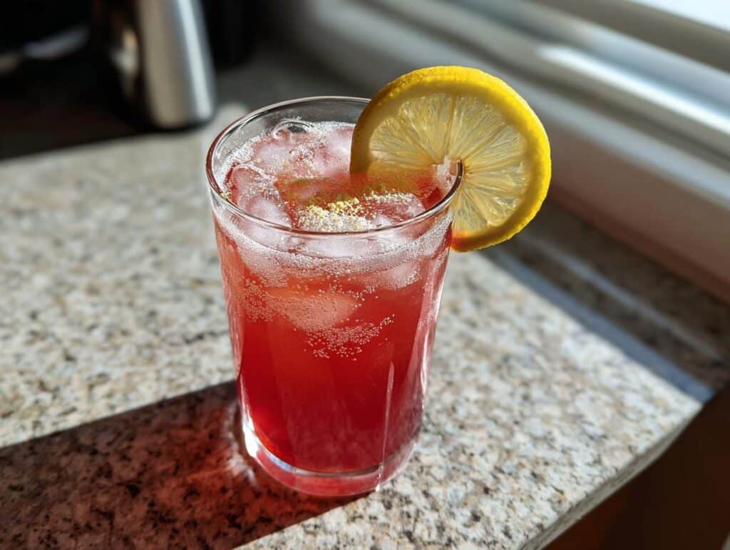 A vibrant Sleepy Girl Mocktail in a glass with ice and a lemon slice garnish.