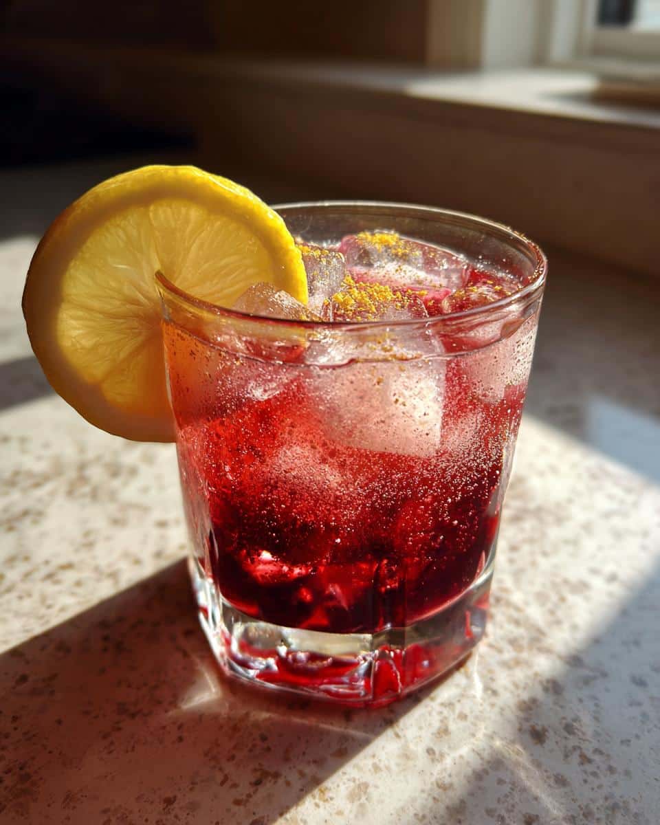 A vibrant Sleepy Girl Mocktail in a glass with ice, garnished with a lemon slice, sitting in sunlight.