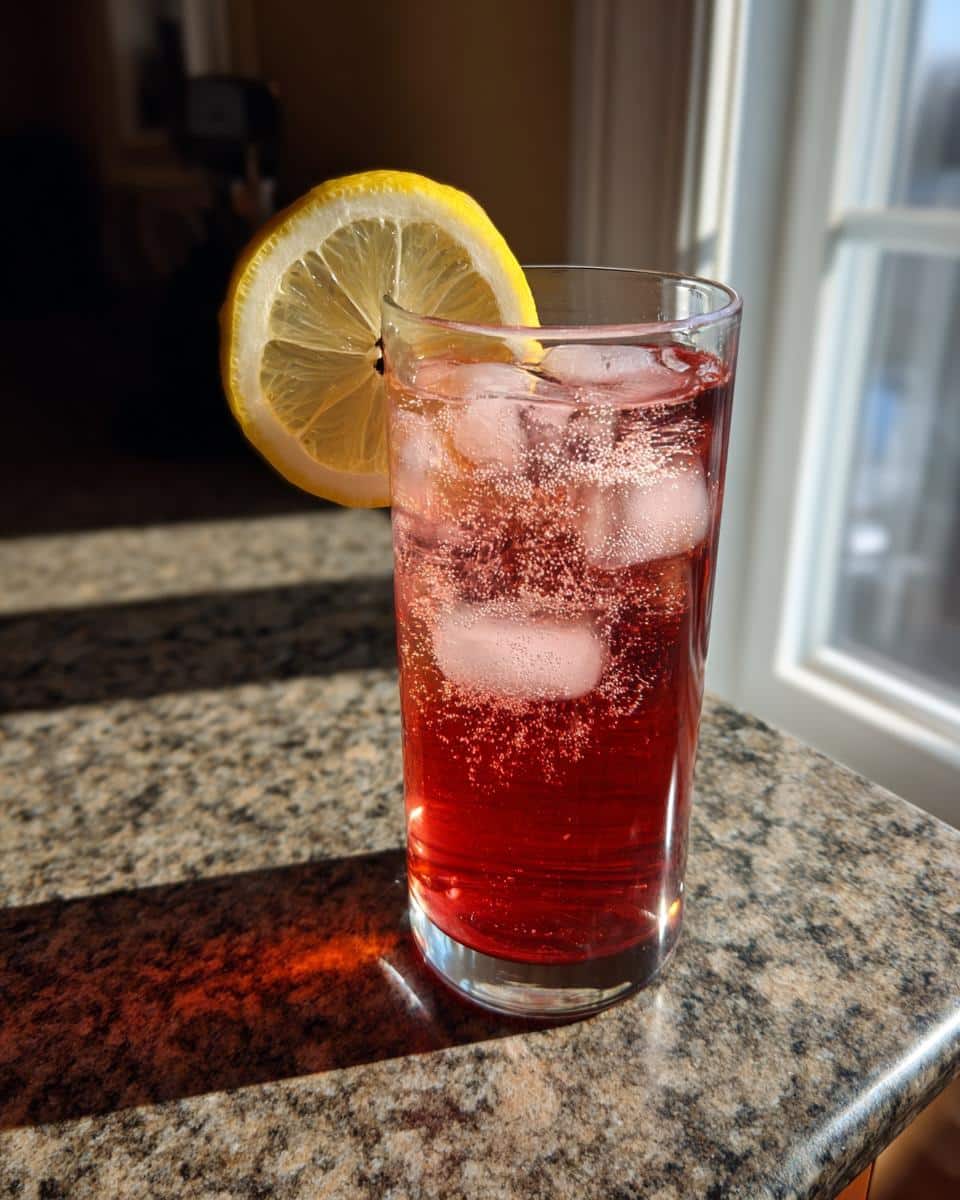 A vibrant Sleepy Girl Mocktail in a glass with ice and a lemon slice garnish, sitting on a countertop.