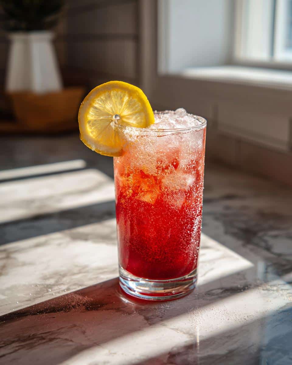 A vibrant Sleepy Girl Mocktail in a glass with ice, garnished with a lemon slice on a marble surface.