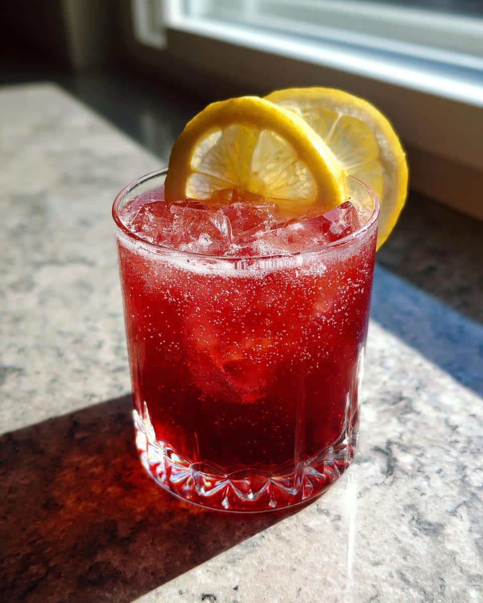 A vibrant Sleepy Girl Mocktail in a glass with ice and lemon slices, ready to drink.