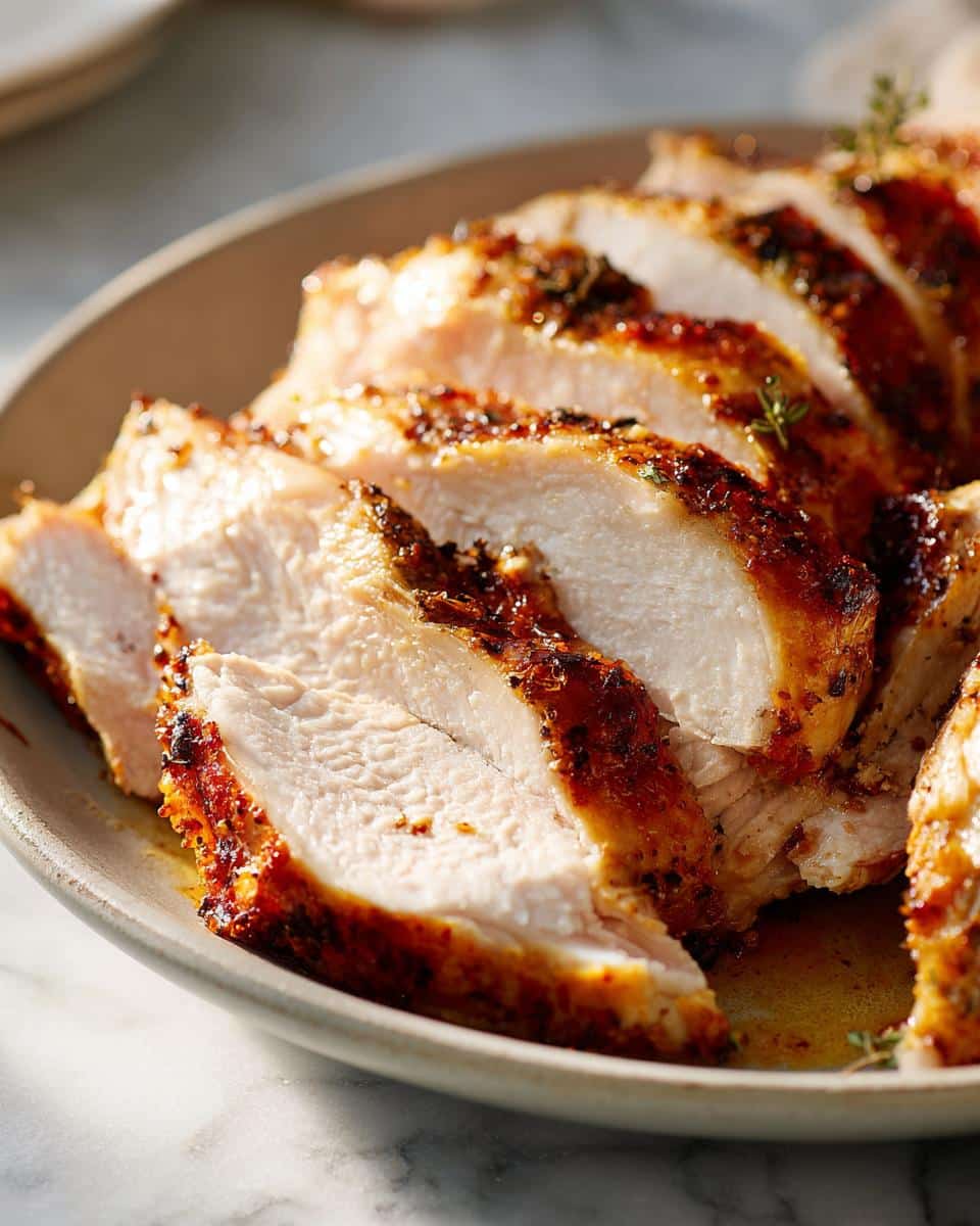 Close-up of juicy sliced roasted turkey breast on a plate, showcasing the golden-brown crust and moist meat.
