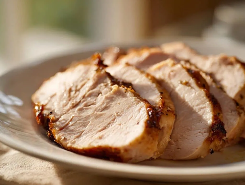 Close-up of sliced turkey breast on a white plate, showcasing its juicy texture and golden-brown crust.