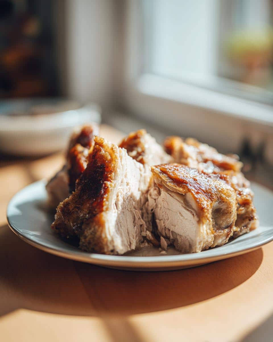 Close-up of sliced turkey breast with crispy skin on a white plate, ready to serve.