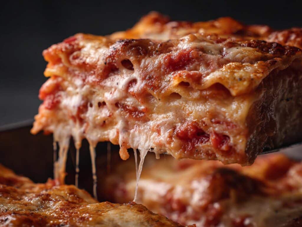 A slice of cheesy Soup Dumpling Lasagna being lifted, showcasing the layers and melted cheese.