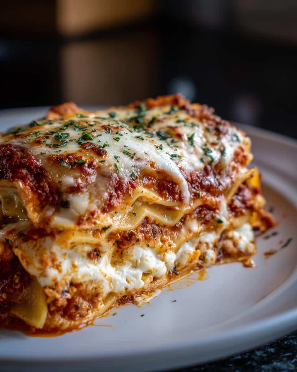 A delicious slice of Soup Dumpling Lasagna with layers of cheese, sauce, and pasta.
