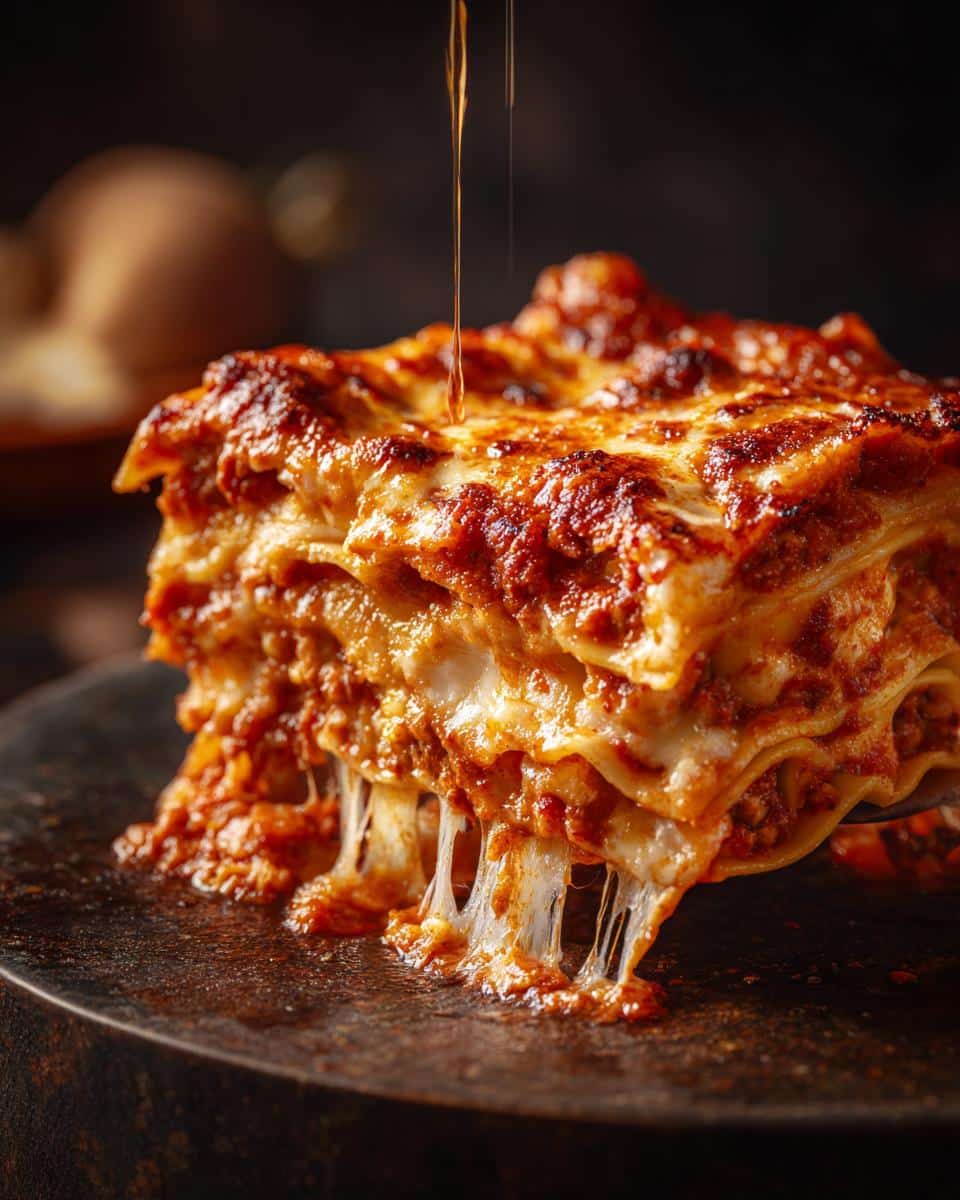 A delicious slice of Soup Dumpling Lasagna with cheese pulling out, showcasing the layers.