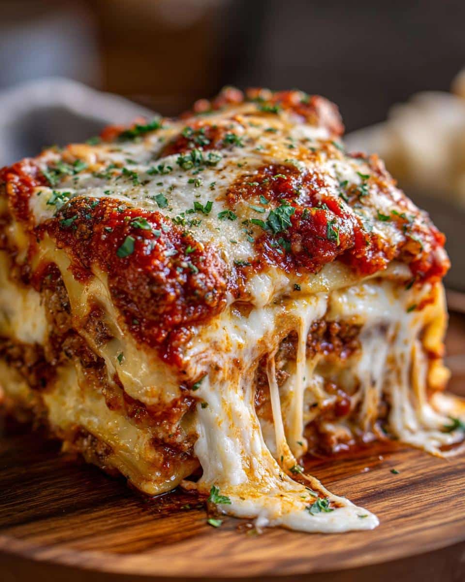 A delicious slice of Soup Dumpling Lasagna with layers of cheese, sauce, and dumplings.