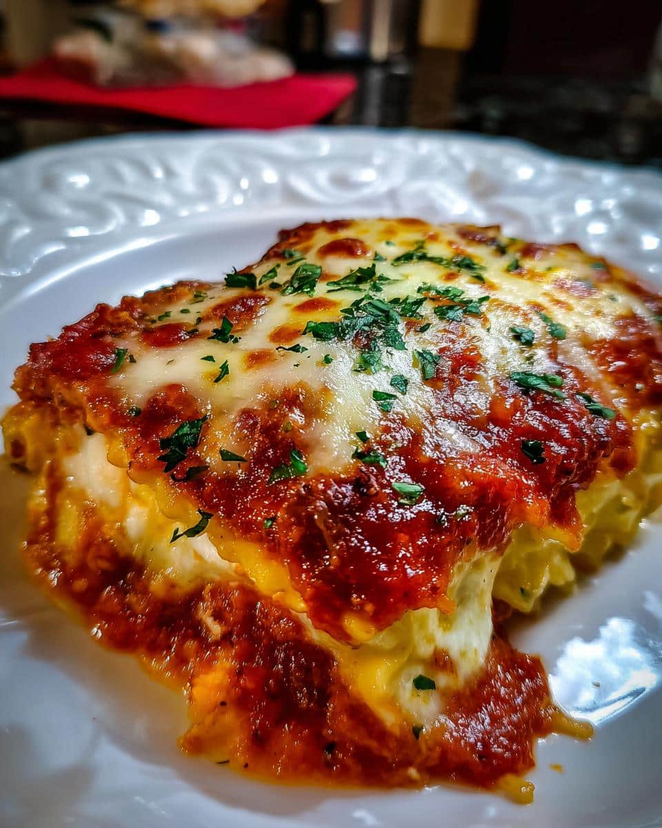 A slice of homemade Soup Dumpling Lasagna with melted cheese, tomato sauce, and parsley garnish.