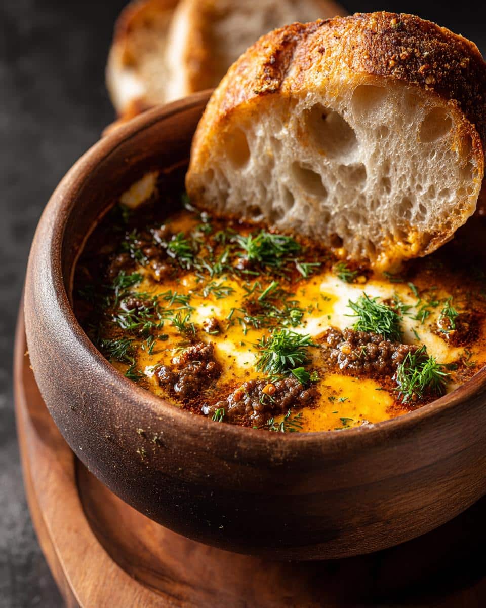 Close-up of soup with ground beef in a wooden bowl, topped with fresh herbs and a slice of crusty bread.