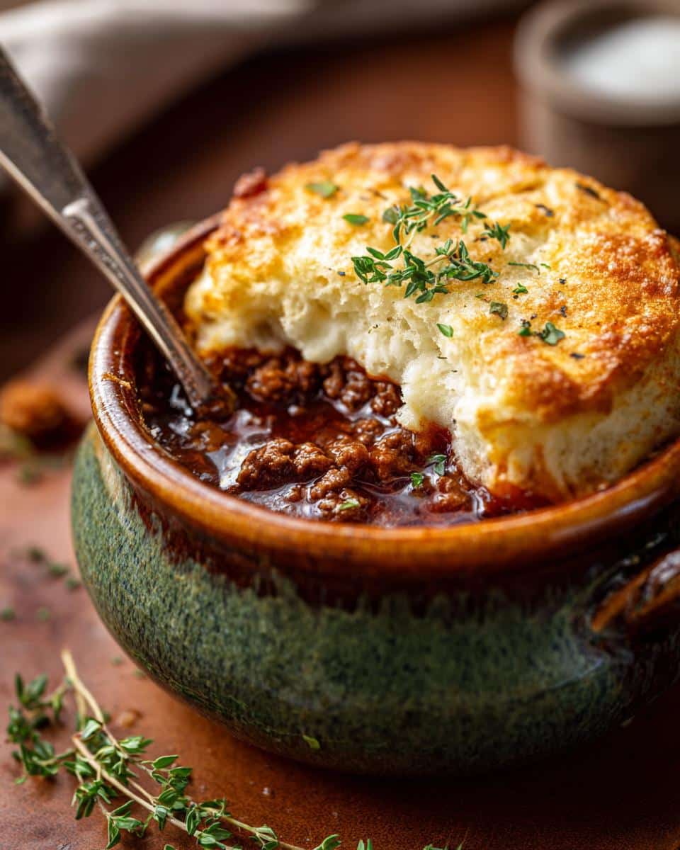 Close up of soup with ground beef in a bowl, topped with a golden biscuit and fresh herbs.