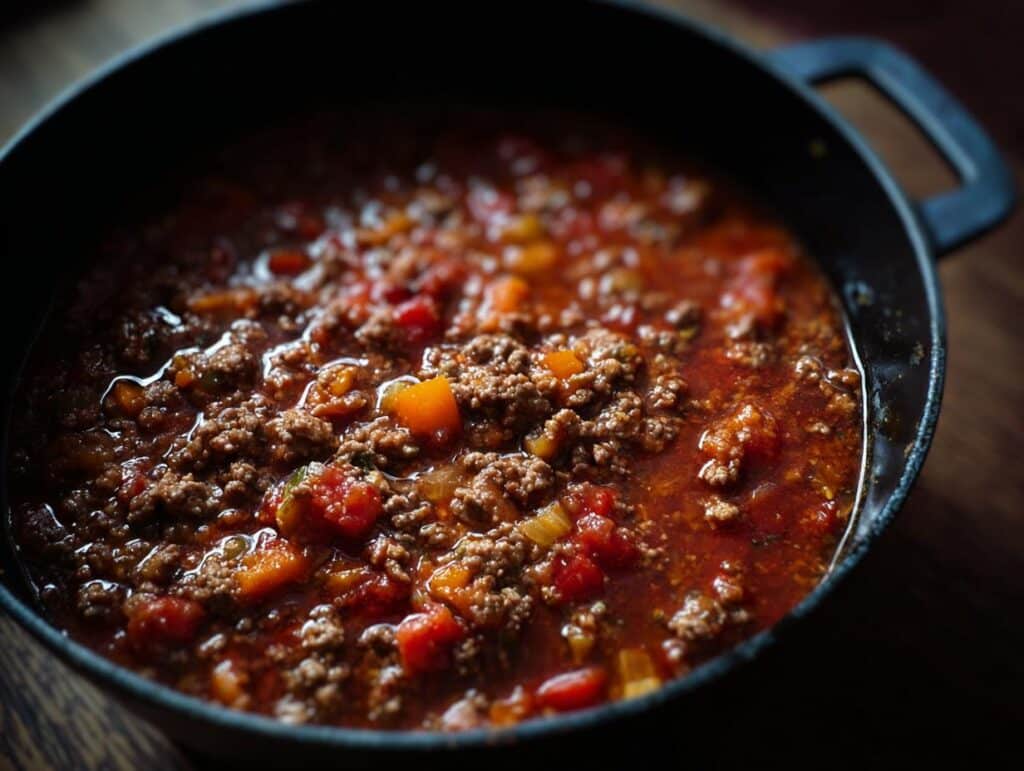 Close-up of a pot filled with delicious soup with ground beef, tomatoes, and vegetables.