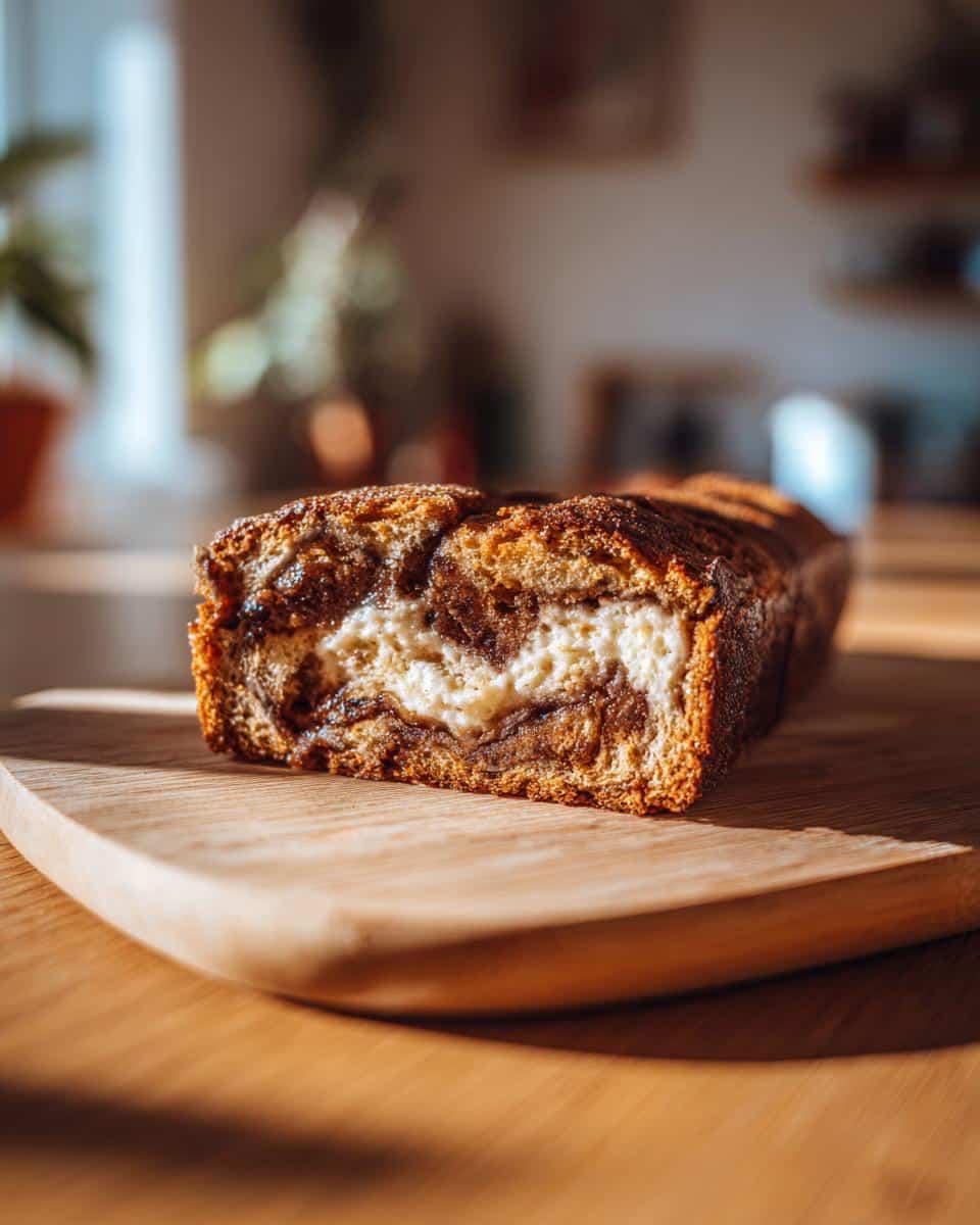 A close-up of a cream cheese babka, a delicious sourdough dessert recipes option, on a wooden cutting board.