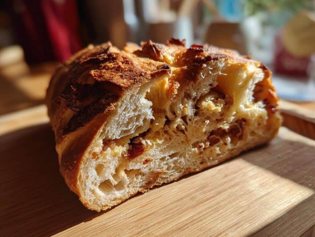 Close-up of a sliced loaf showcasing a delicious sourdough dessert recipes bread on a wooden board.