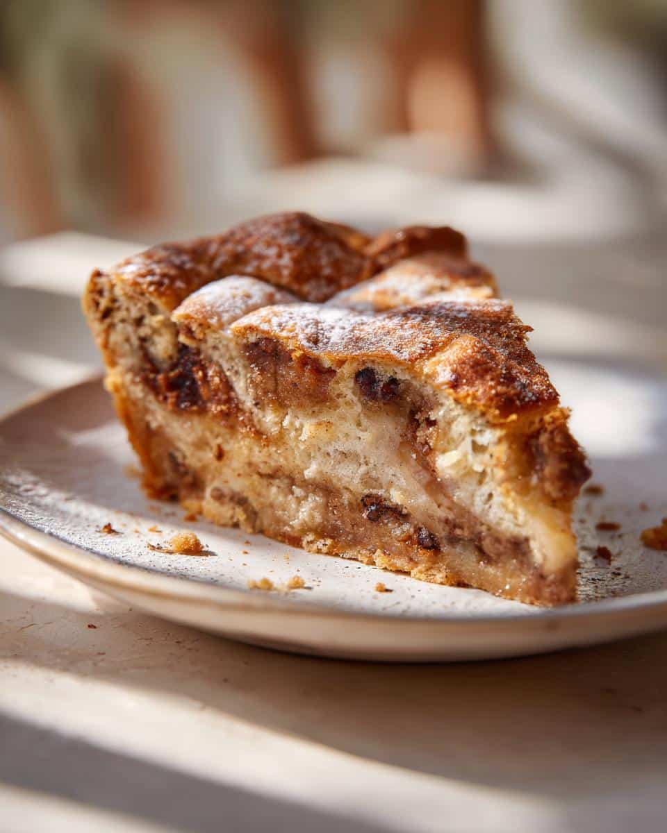 A slice of sourdough dessert recipe dusted with powdered sugar on a plate, showcasing its layers and texture.