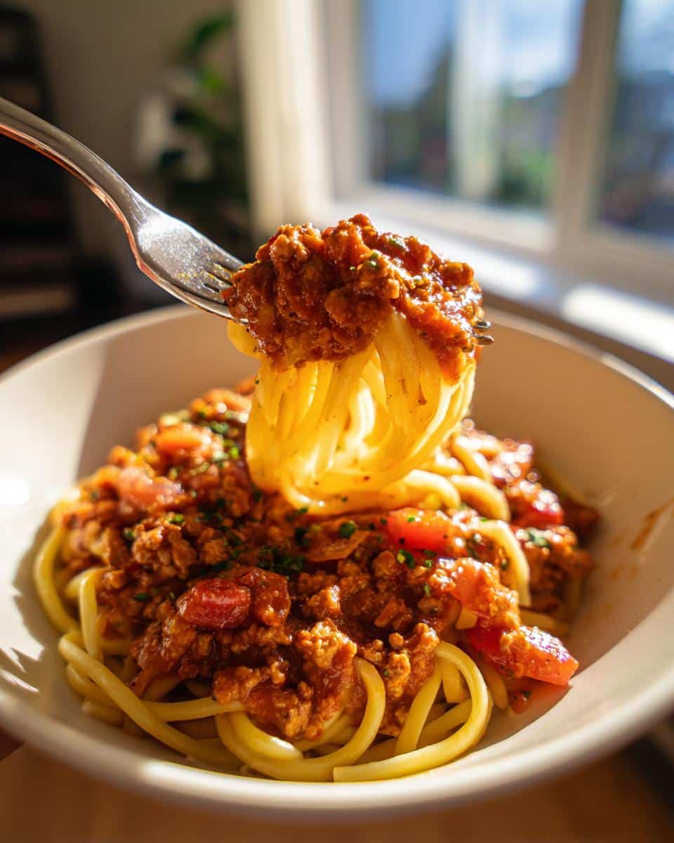 Close-up of spaghetti with a rich ground sausage recipe sauce, garnished with herbs and tomatoes.