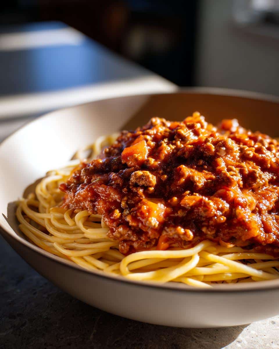 A bowl of spaghetti topped with a rich ground sausage recipes sauce, ready to eat.