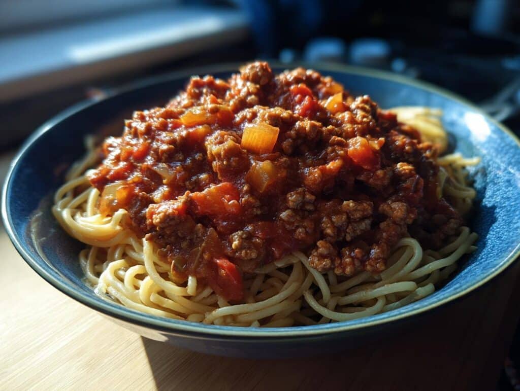 A bowl of spaghetti topped with a rich tomato sauce featuring ground sausage recipes.