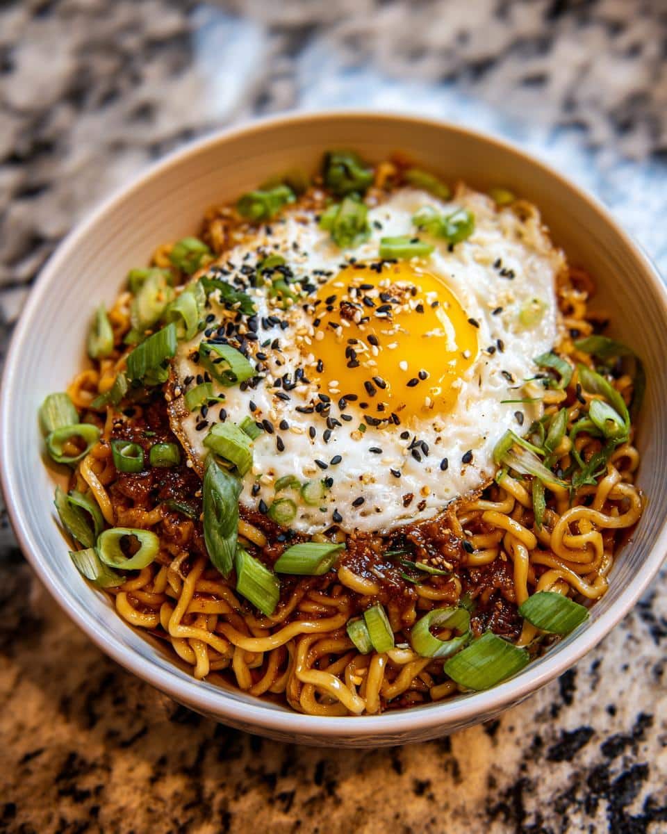 Bowl of Spicy Buldak Ramen topped with a fried egg, sesame seeds, and green onions.