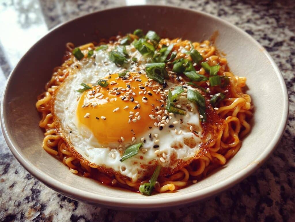 A bowl of Spicy Buldak Ramen topped with a fried egg, sesame seeds, and green onions.