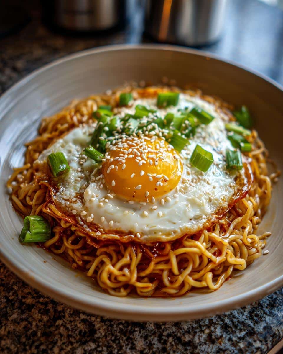 A bowl of Spicy Buldak Ramen topped with a fried egg, green onions, and sesame seeds.