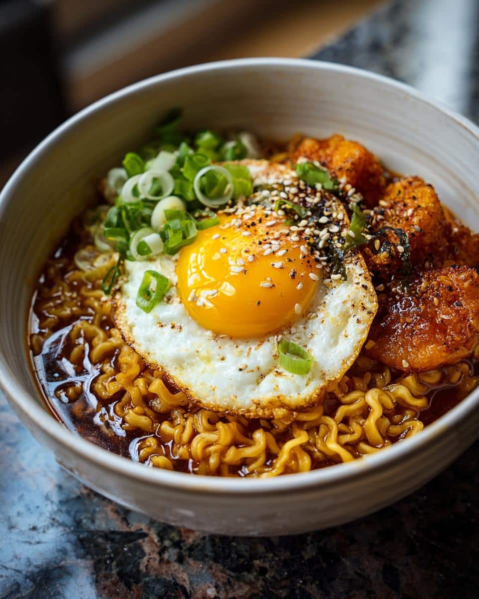 A bowl of Spicy Buldak Ramen topped with a fried egg, green onions, and sesame seeds.