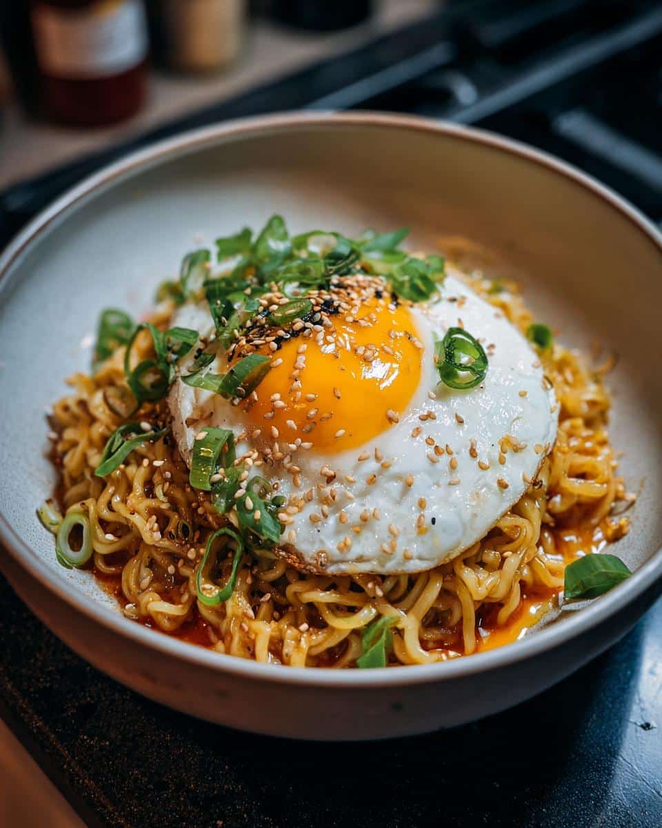 A bowl of Spicy Buldak Ramen topped with a fried egg, sesame seeds, and green onions.