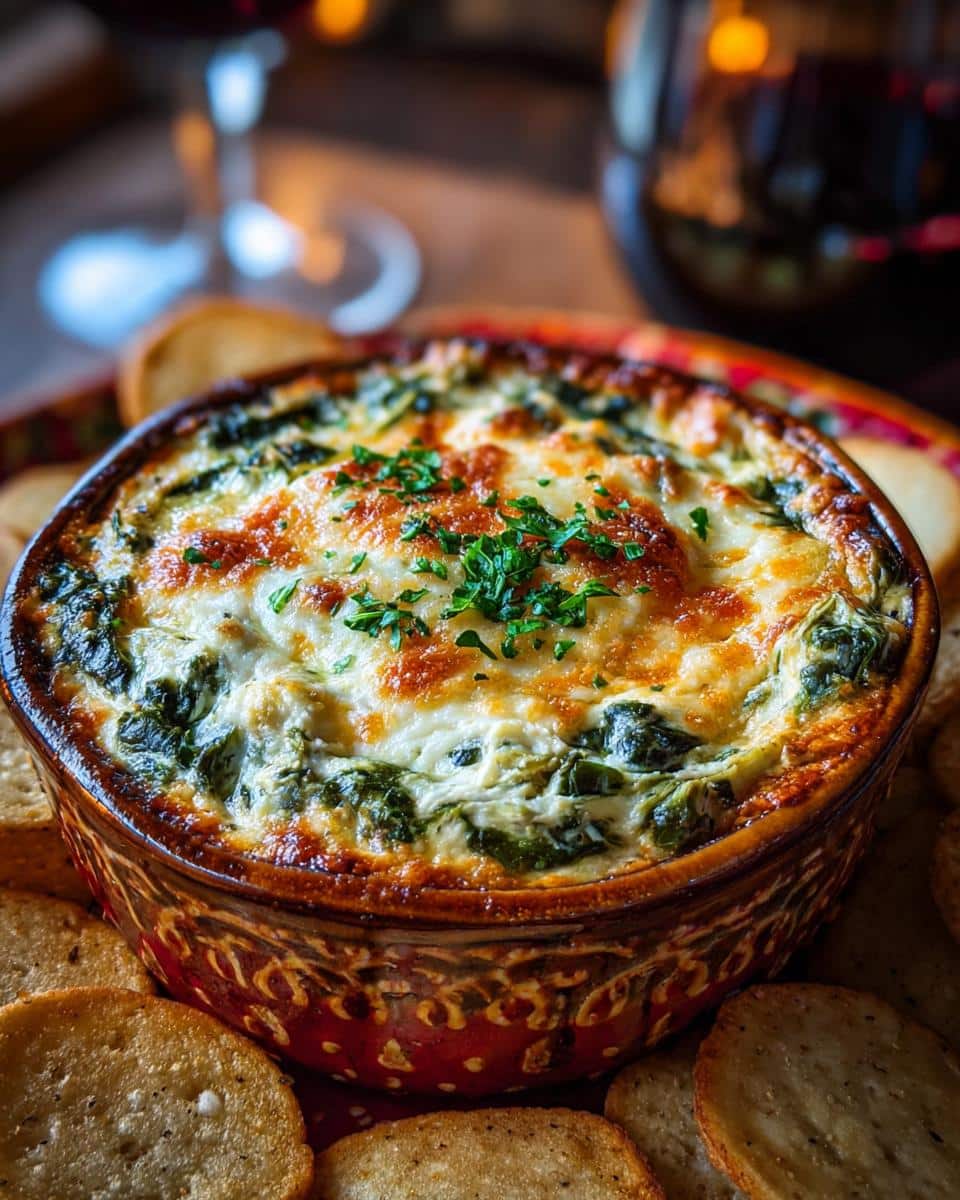 Delicious baked spinach artichoke dip in a bowl surrounded by toasted bread slices, ready to serve.