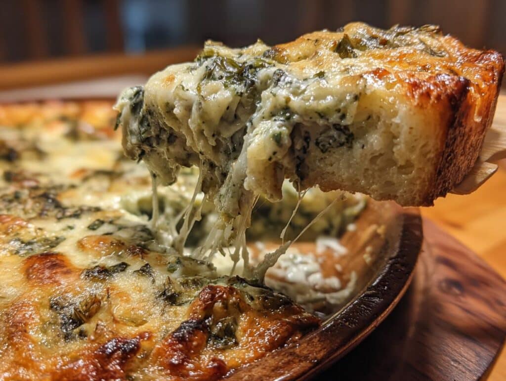Close-up of spinach artichoke dip being lifted from a bread bowl, with melted cheese.