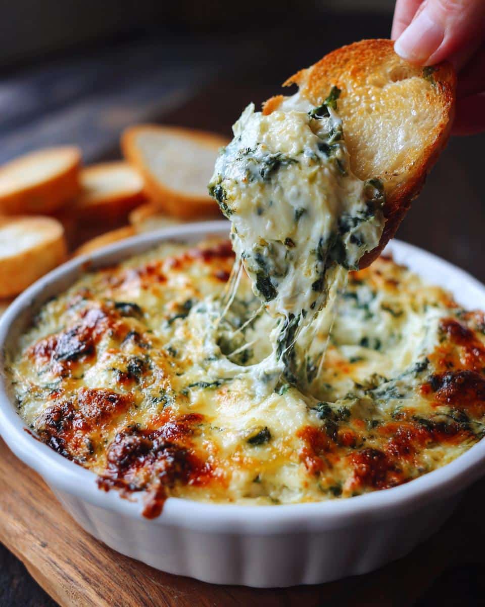 Cheesy spinach artichoke dip being scooped with toasted bread. Delicious appetizer.