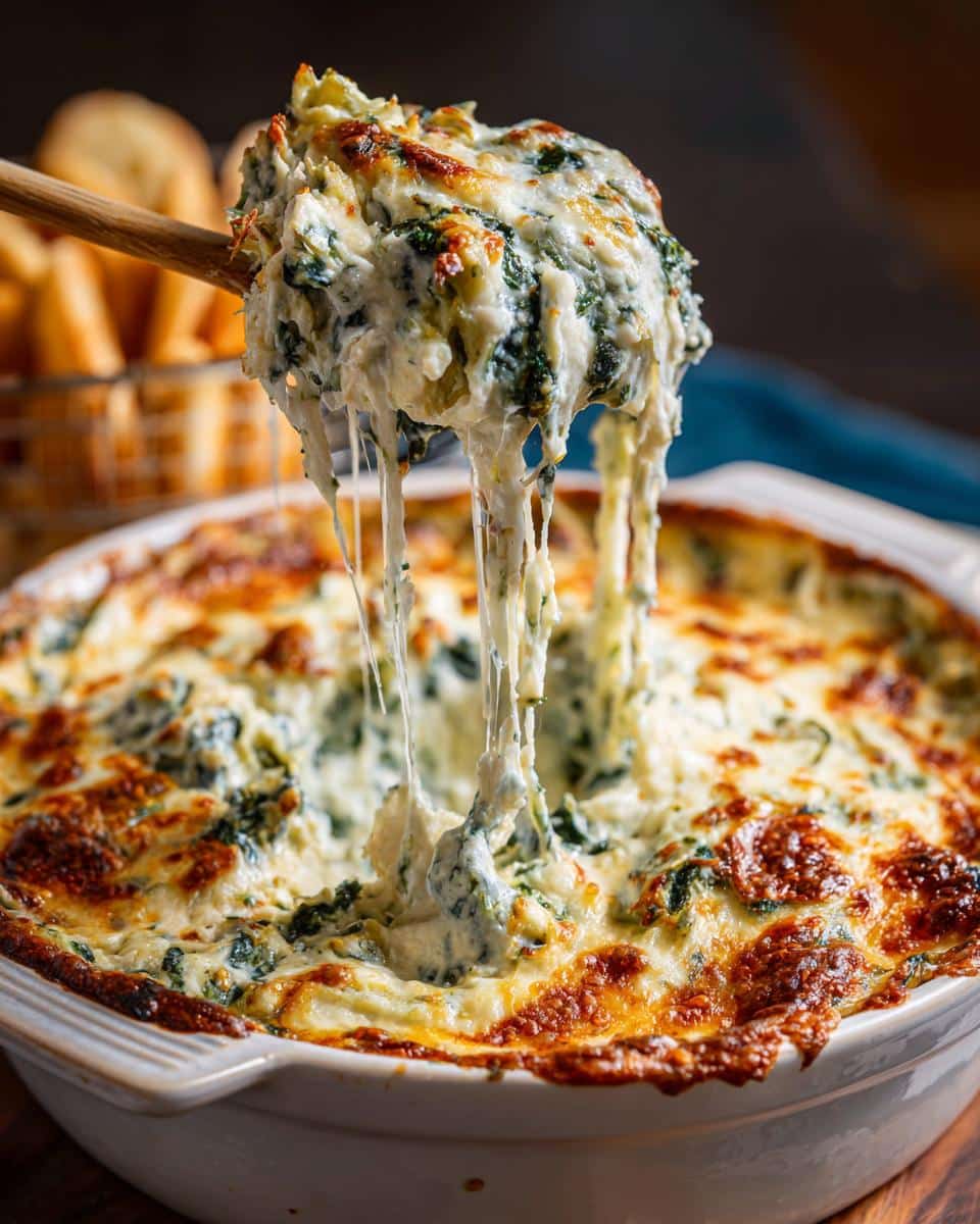 Creamy spinach artichoke dip being lifted from a baking dish with a wooden spoon, cheese dripping.