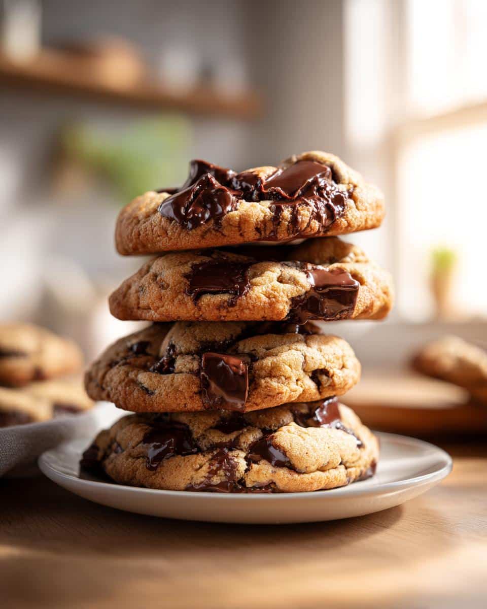A stack of four freshly baked chocolate chip cookies on a white plate, with melted chocolate chunks.