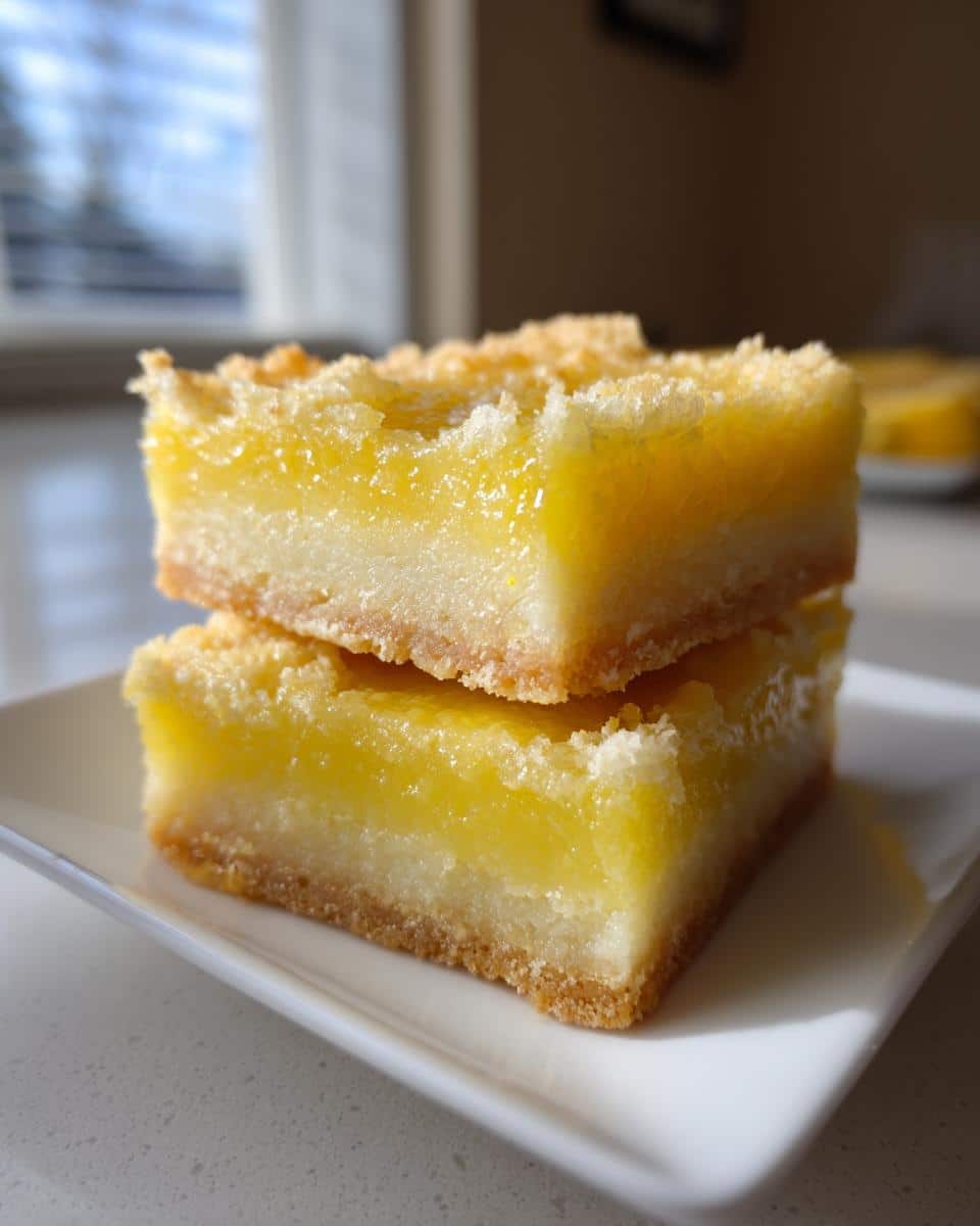 Two lemon squares stacked on a white plate, showcasing the crust, filling, and topping.
