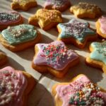 Close-up of star-shaped new years cookies decorated with colorful icing and sprinkles.