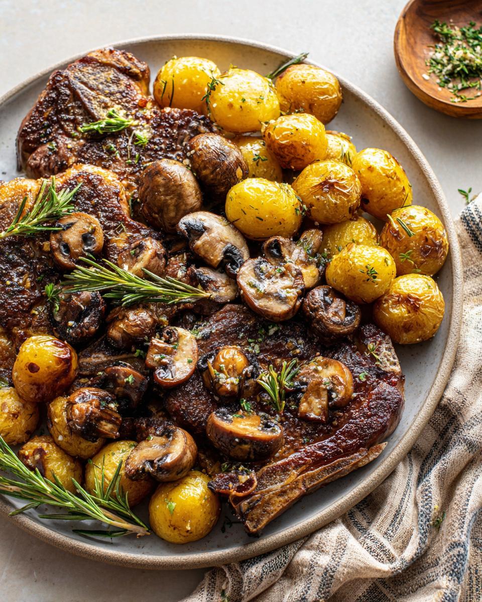 Overhead shot of steak with mushrooms and potatoes, a recipe for the food babe.