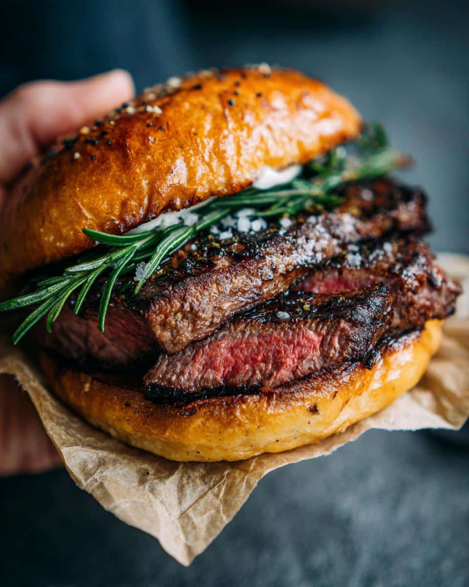 Close-up of a juicy steak sandwich, garnished with rosemary, showcasing a Half Baked Harvest recipe.