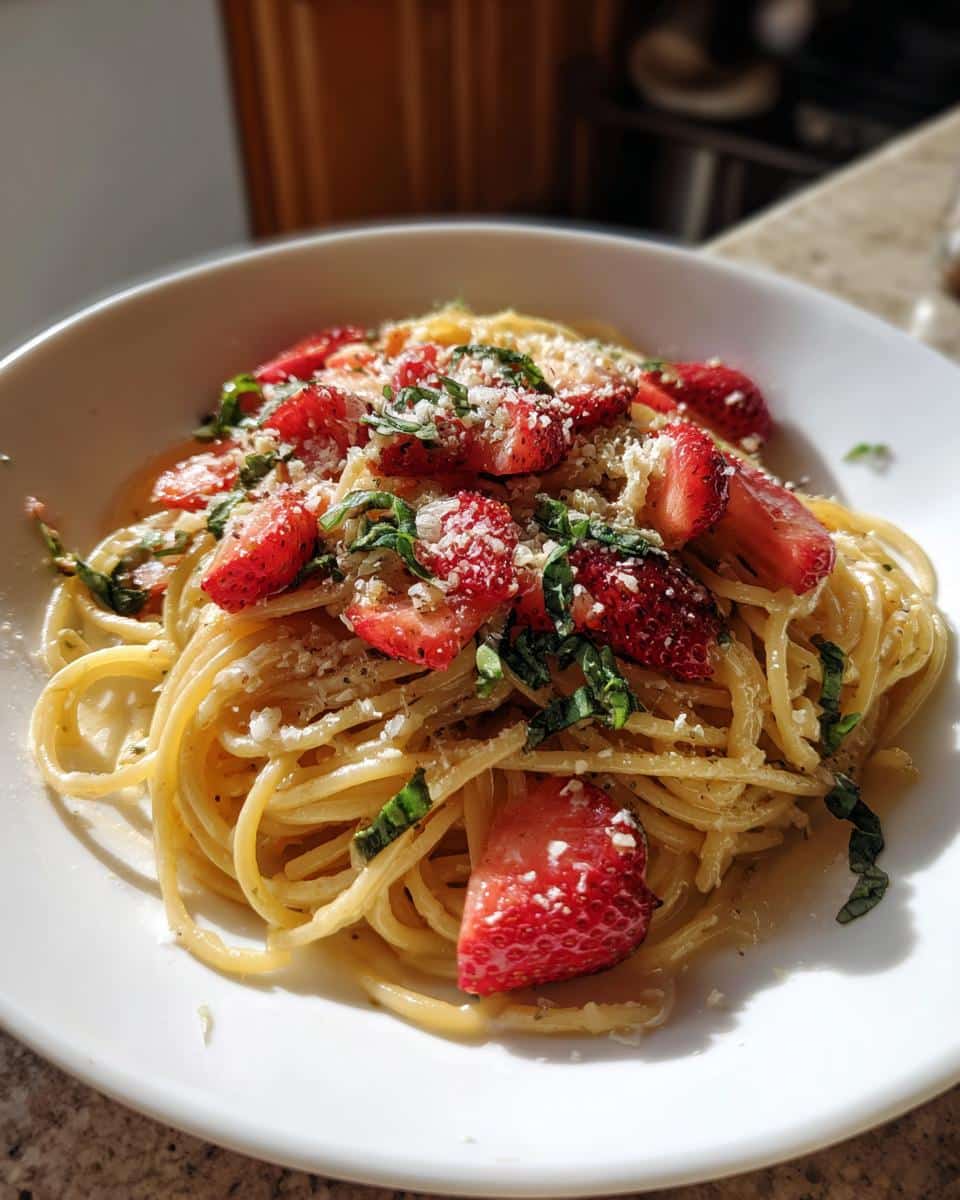 A plate of Strawberry Pasta topped with fresh strawberries, basil, and parmesan cheese.