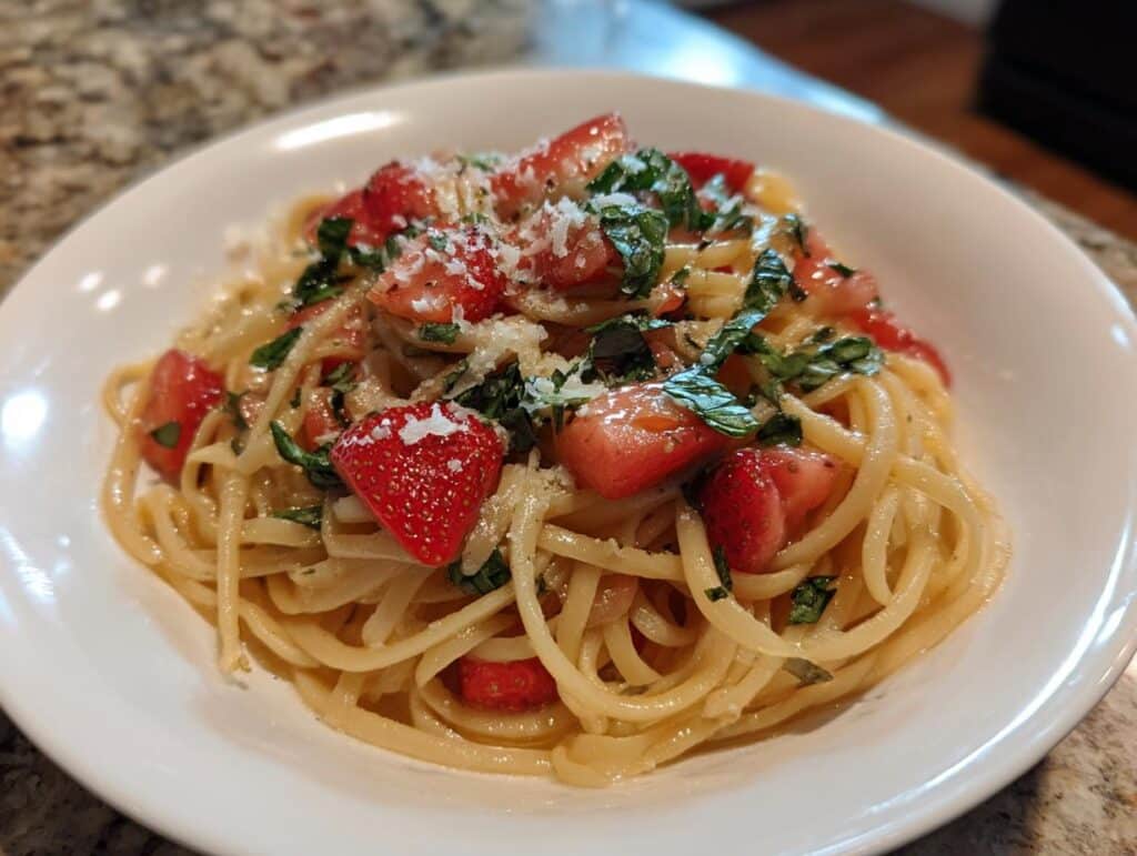 A bowl of Strawberry Pasta topped with fresh strawberries, basil, and parmesan cheese.
