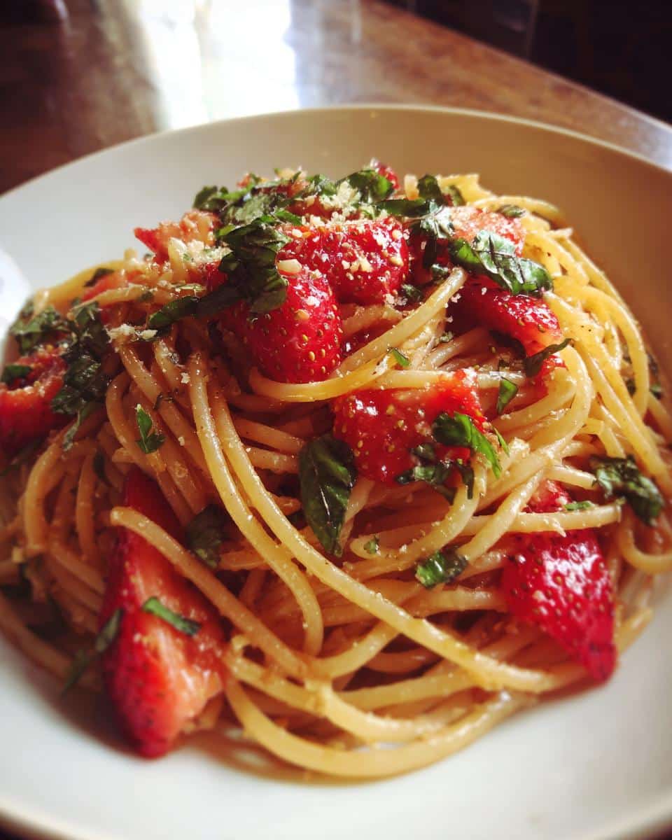 A plate of Strawberry Pasta topped with fresh basil and parmesan cheese.
