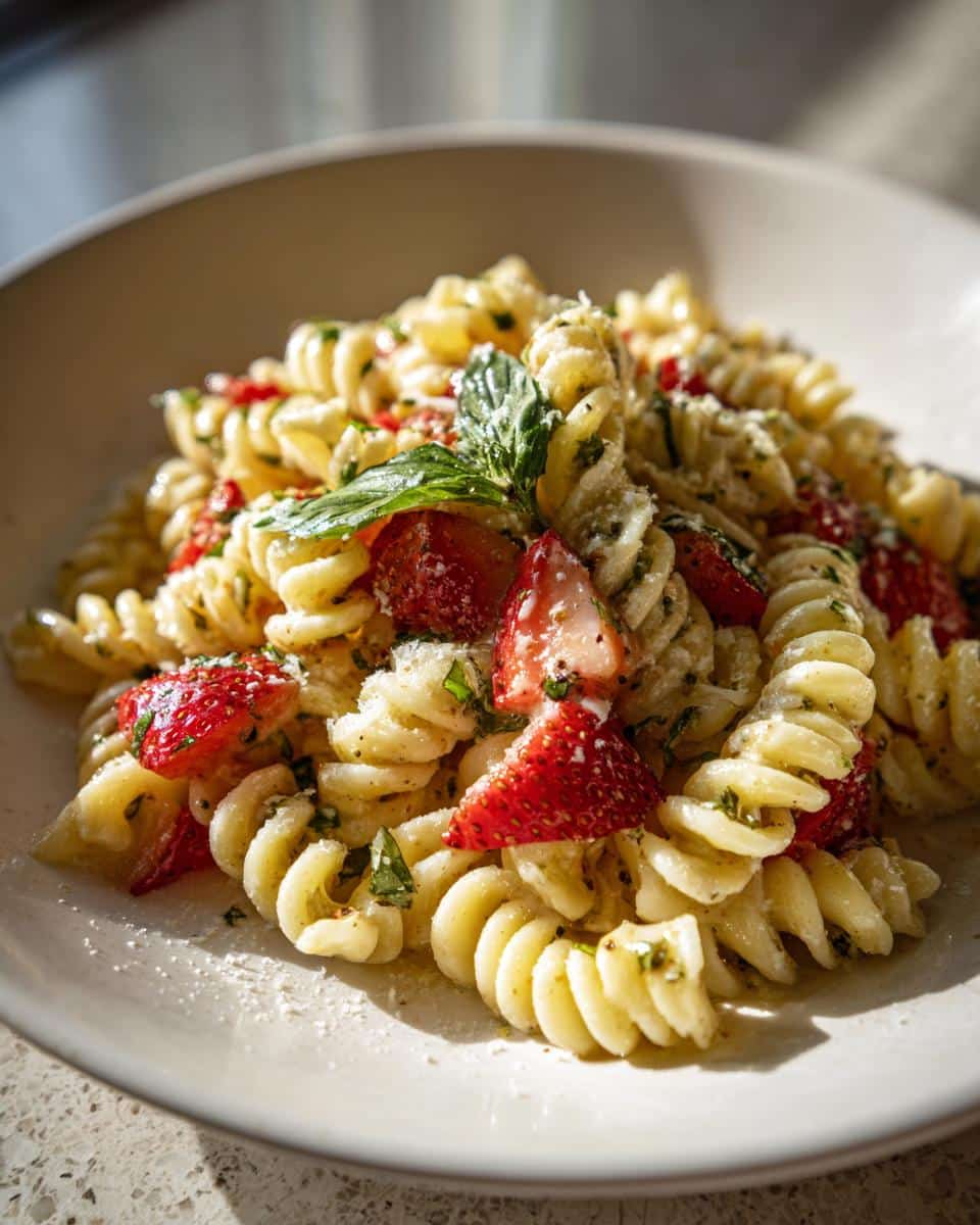 A bowl of Strawberry Pasta featuring fusilli pasta, fresh strawberries, basil, and a light sauce.