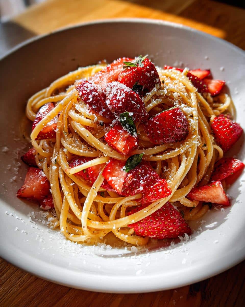 A bowl of Strawberry Pasta topped with fresh strawberries, parmesan cheese, and basil.