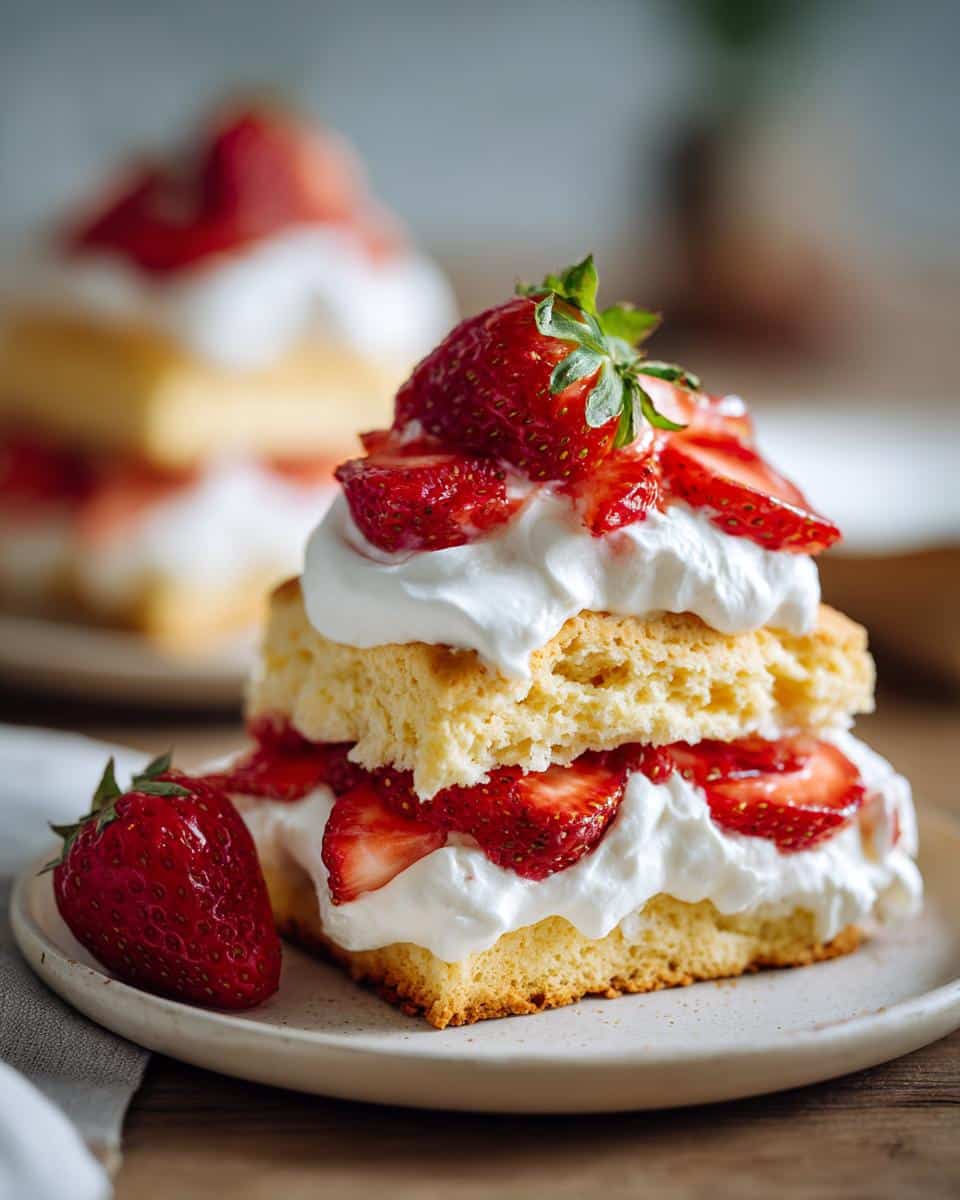 Two-tiered strawberry shortcake aesthetic dessert with whipped cream and fresh strawberries on a plate.