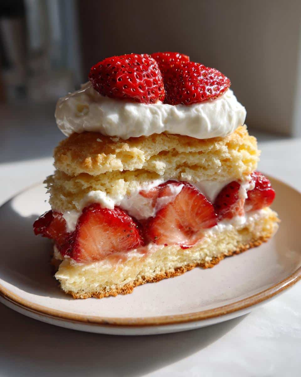 A slice of strawberry shortcake aesthetic dessert with fresh strawberries and whipped cream on a plate.
