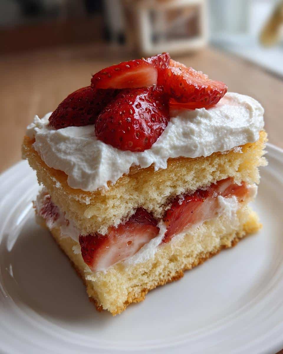 A slice of strawberry shortcake aesthetic featuring layers of cake, whipped cream, and fresh strawberries.