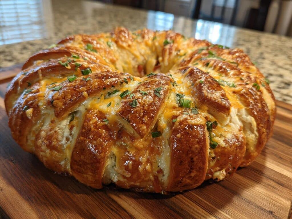 A freshly baked Stuffed Crescent Wreath on a wooden board, topped with cheese and herbs.