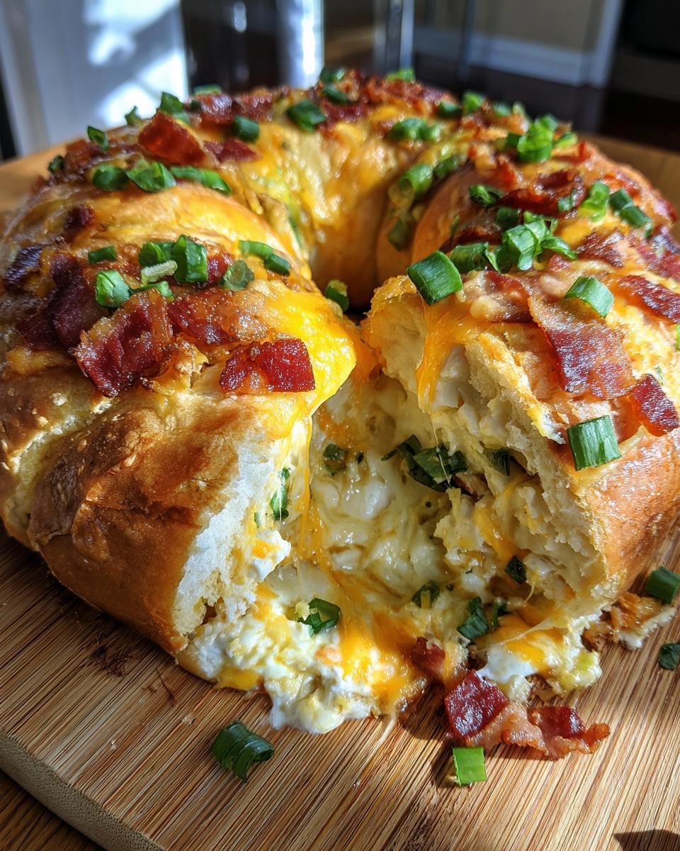 Close-up of a Stuffed Crescent Wreath filled with cheesy goodness, topped with bacon and green onions.